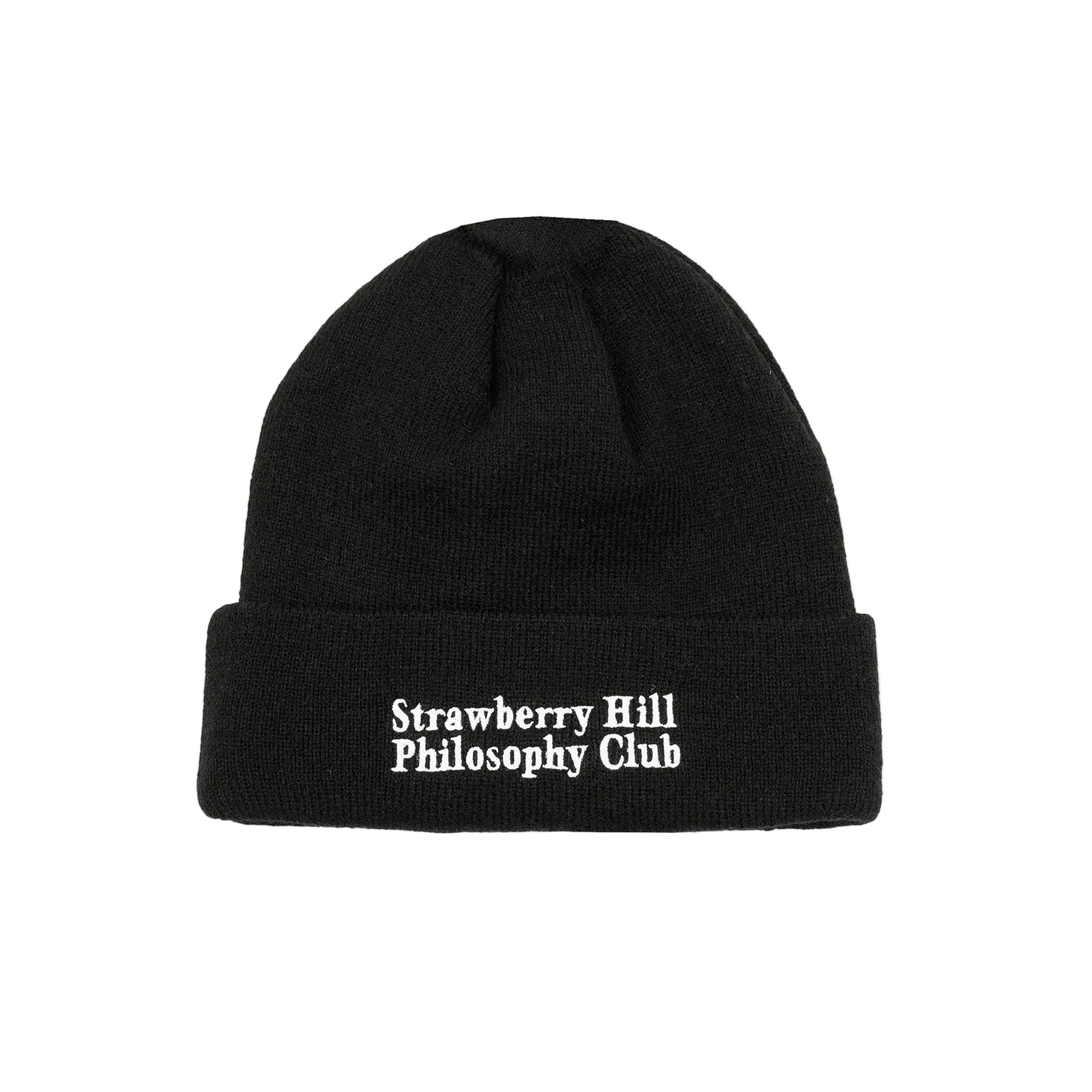 Black beanie with 'Strawberry Hill Philosophy Club' text on a white background