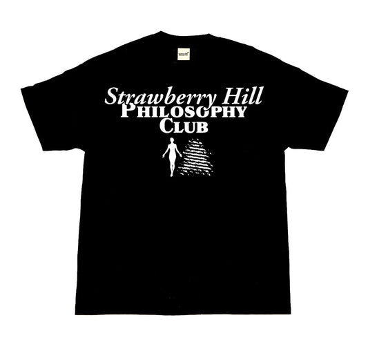Black t-shirt with 'Strawberry Hill Philosophy Club' text and graphic on a white background