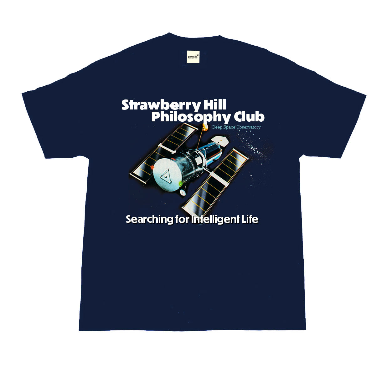 Navy blue t-shirt with space-themed design and text on a white background