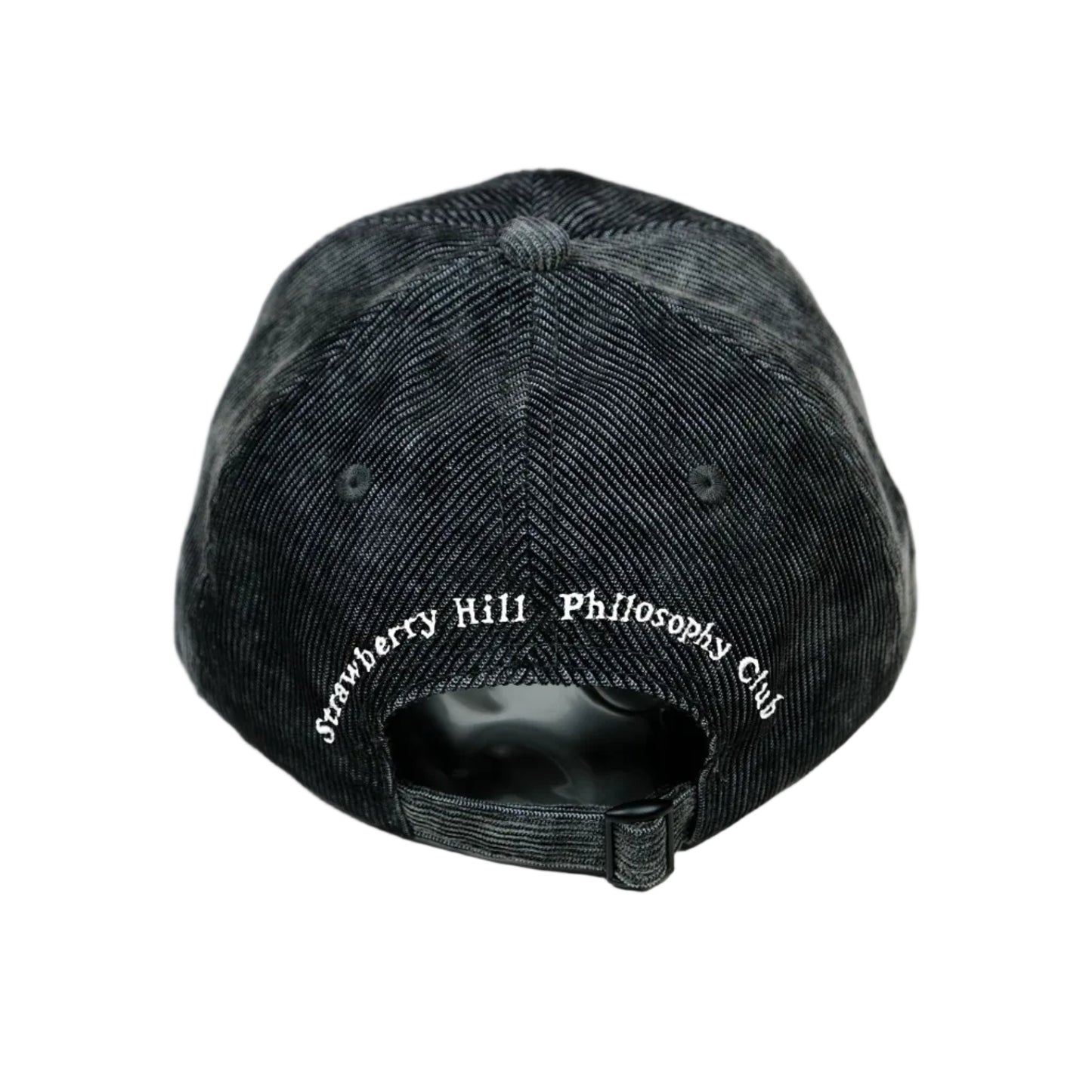 Two black corduroy caps with embroidered logo on a white background