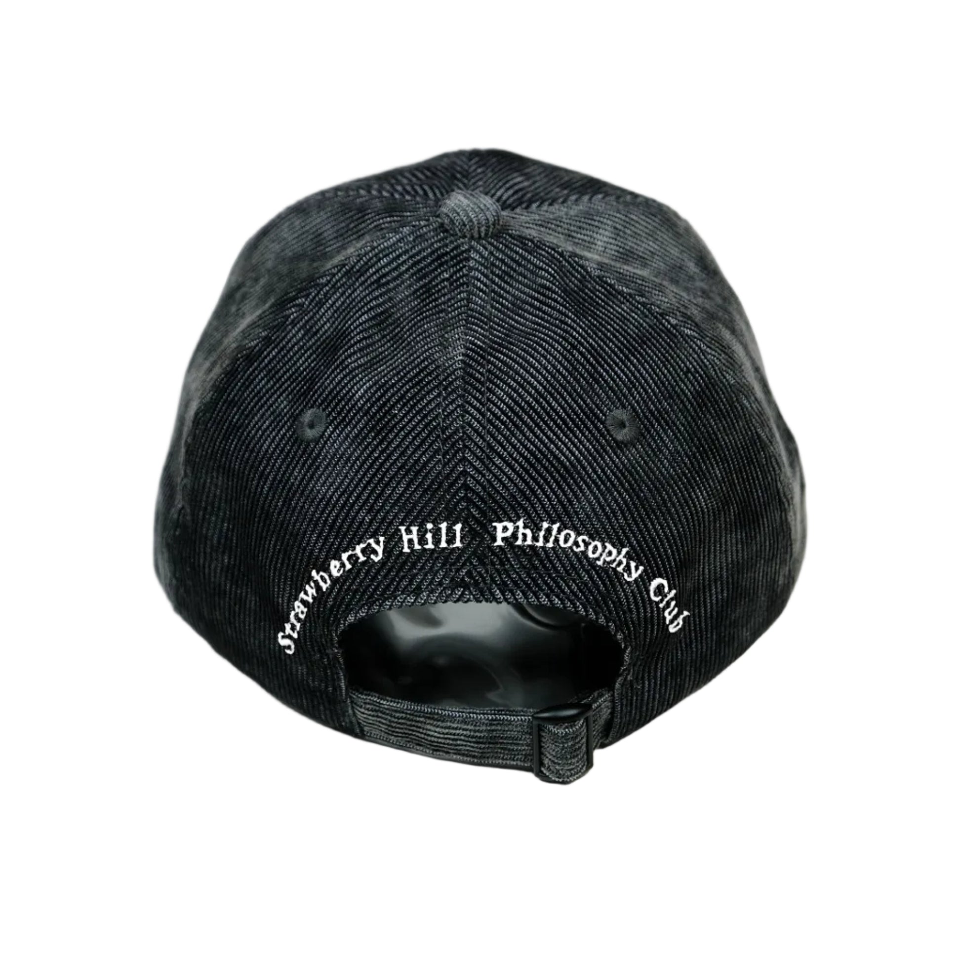 Two black corduroy caps with embroidered logo on a white background