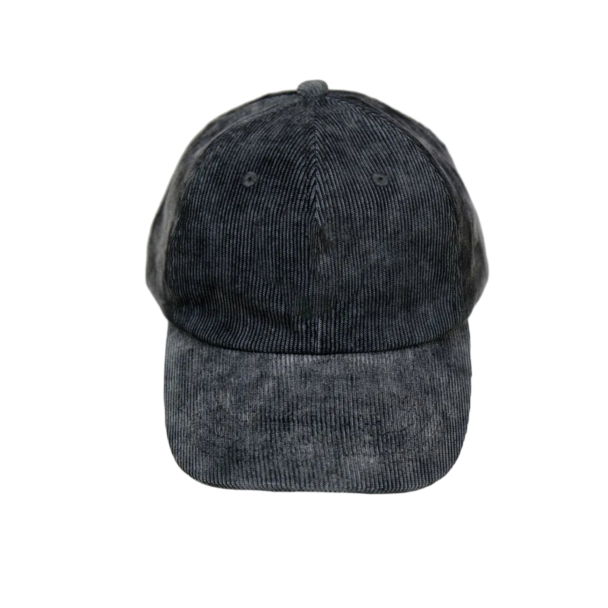 Two black corduroy caps with embroidered logo on a white background
