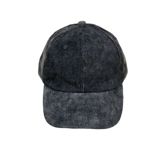 Two black corduroy caps with embroidered logo on a white background