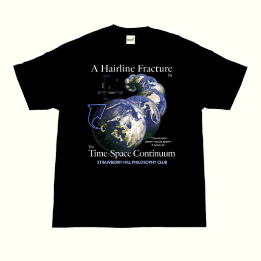 Black t-shirt with graphic design and text on a white background