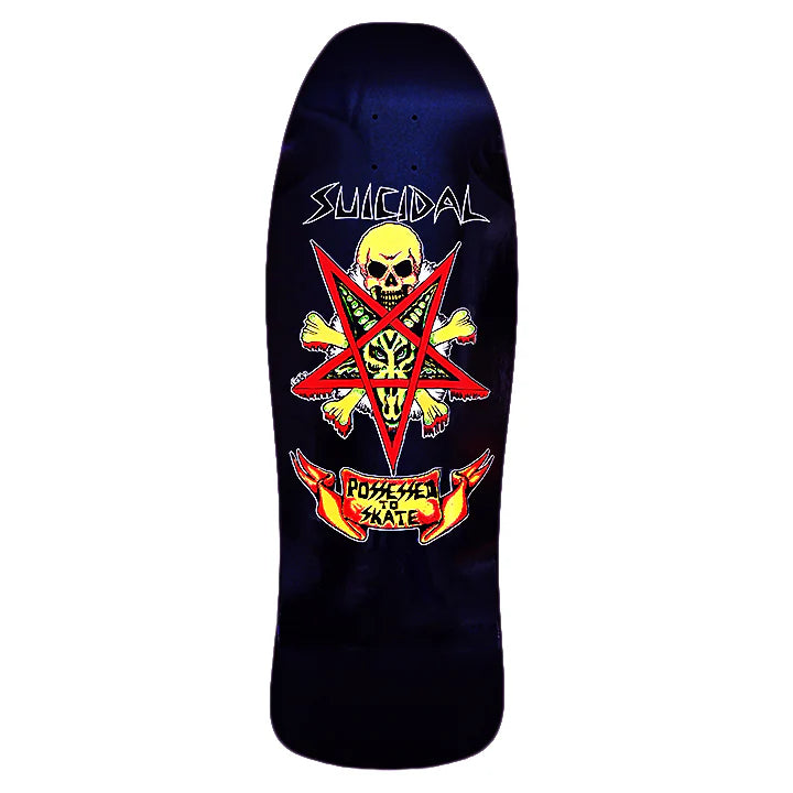Skateboard deck with a skull and crossbones design on a black background