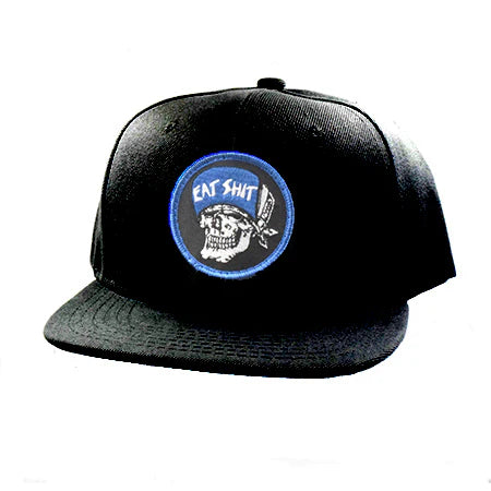 Black cap with a blue circular logo featuring text and graphics on a white background