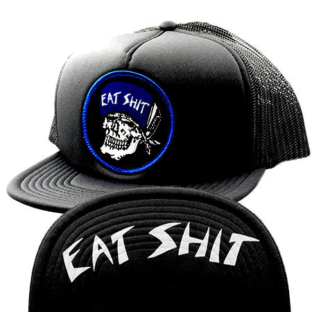 Black trucker hat with 'Eat Shit' logo and text on a white background