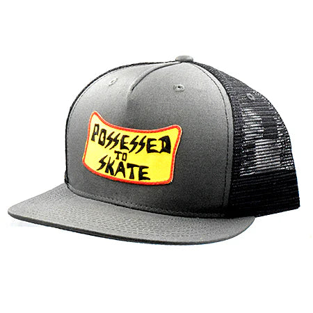 Gray and black trucker cap with a yellow patch that says 'Possessed to Skate' on a white background.