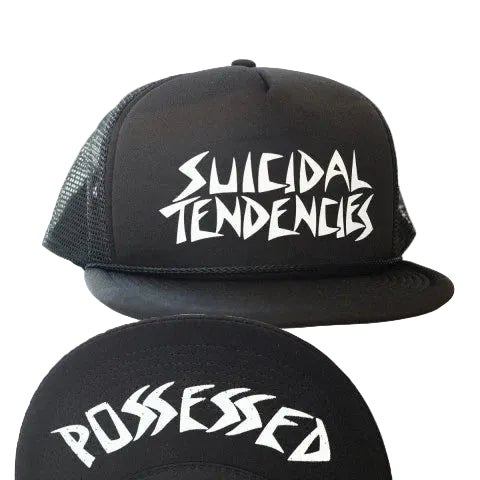 Black trucker hat with 'Suicidal Tendencies' and 'Possessed' text on a white background