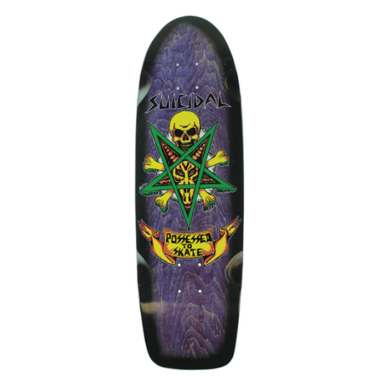 Skateboard deck with a colorful skull design on a white background