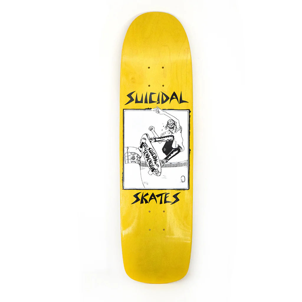 Yellow skateboard deck with black and white graphic and 'Suicidal Skates' text on a white background