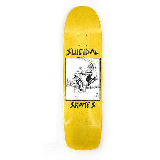Yellow skateboard deck with black and white graphic and 'Suicidal Skates' text on a white background