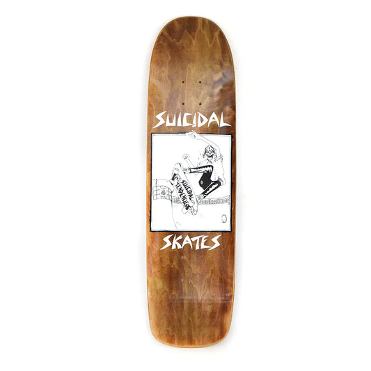 Skateboard deck with 'Suicidal Skates' branding on a white background