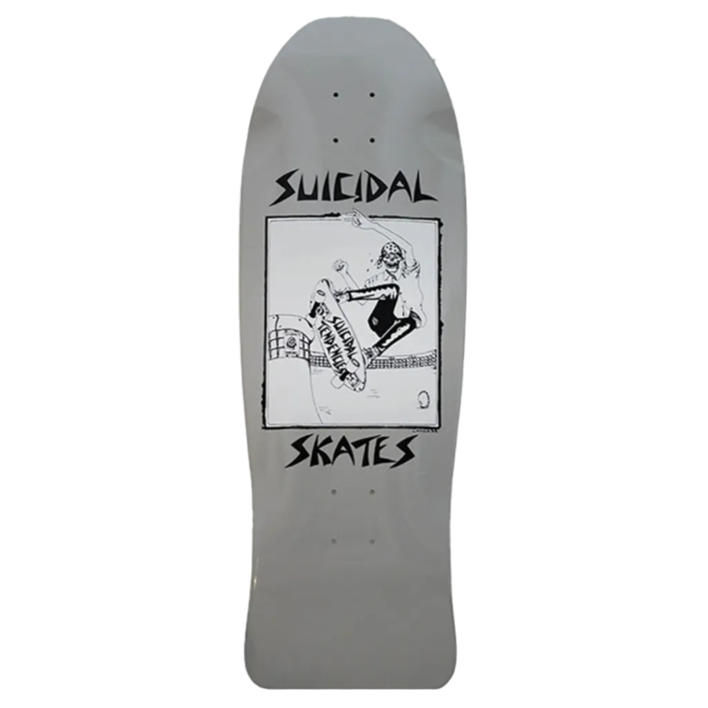 Gray skateboard deck with 'Suicidal Skates' design on a white background