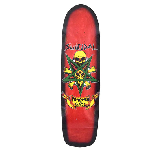 Skateboard deck with a red background and 'Suicidal' branding on a white background