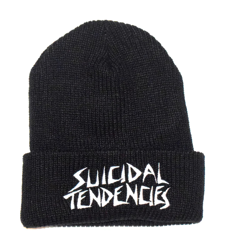 Black beanie with 'Suicidal Tendencies' logo on a white background