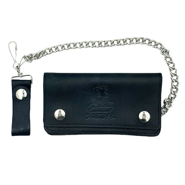 Black leather wallet with chain and key holder on a white background