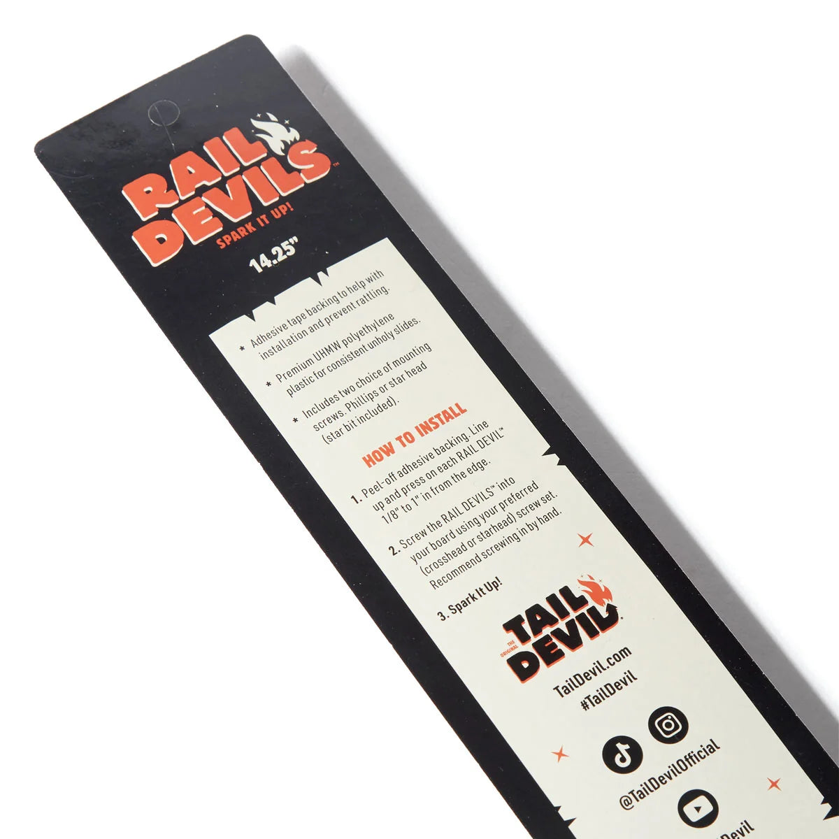 A black and white product instruction card for the Rail Devils Spark It Up, showing installation steps and product details on a white background.