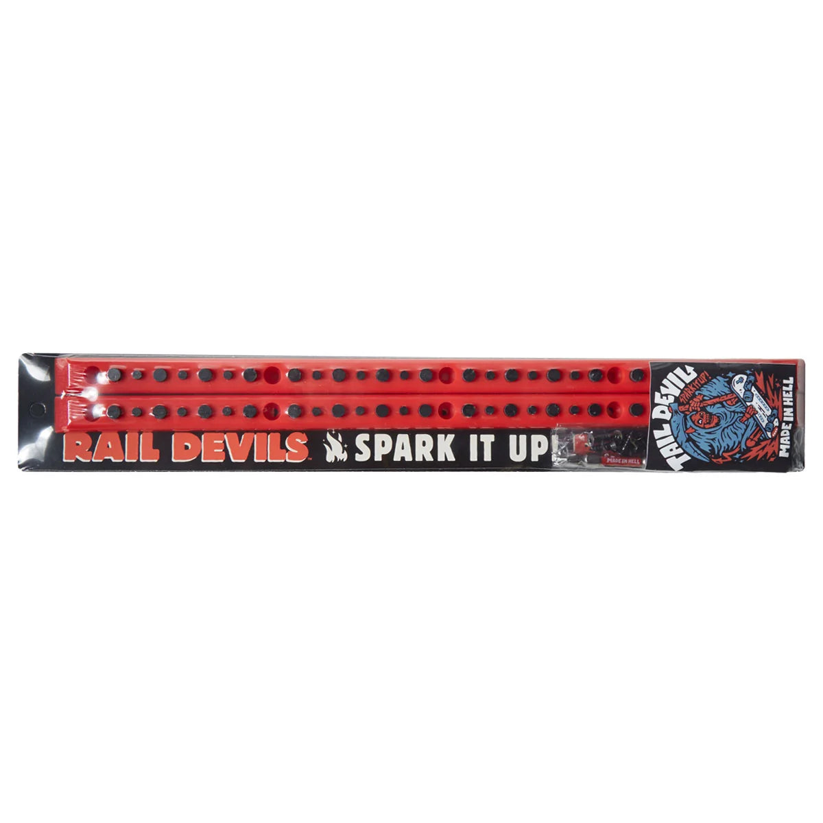 A packaged red rail fire starter tool with black pegs, branded 'Rail Devils' and 'Spark It Up', shown on a plain white background.