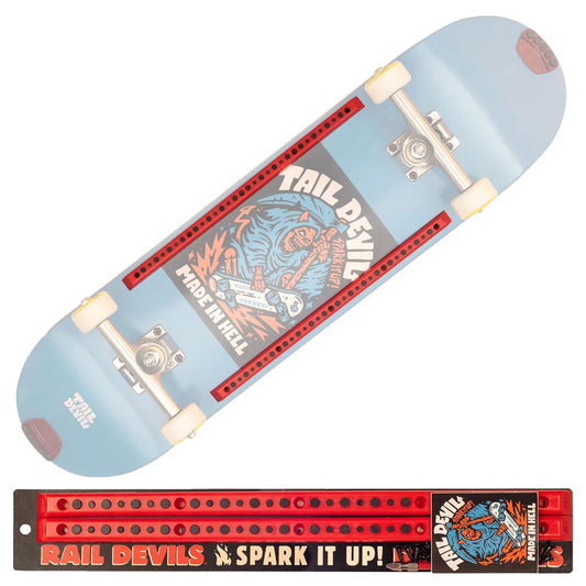 A light blue skateboard deck with a large 'Tail Devil' graphic in the center, shown alongside red rail accessories and a matching Tail Devil branded accessory strip on a white background.