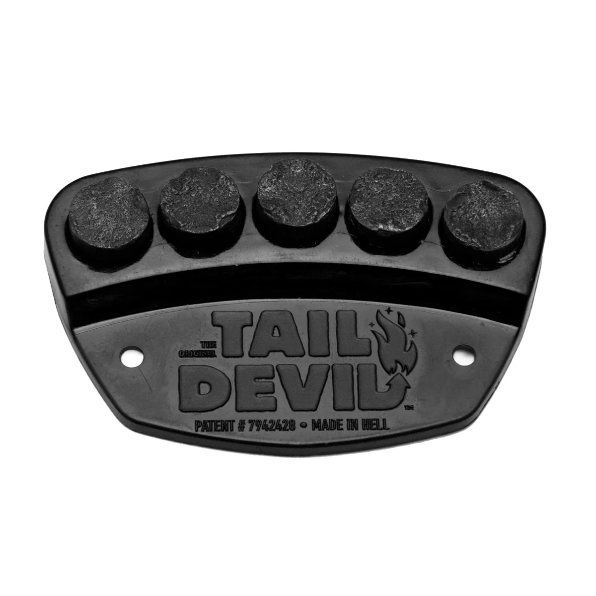 Black 'Tail Devil' product with five circular protrusions on a white background
