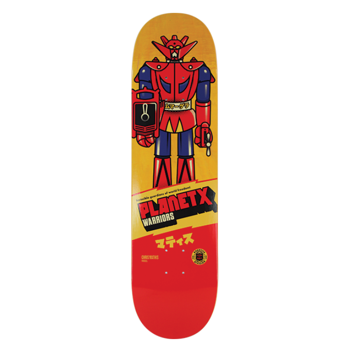 Skateboard deck with robot design and 'Planet X' branding on a white background