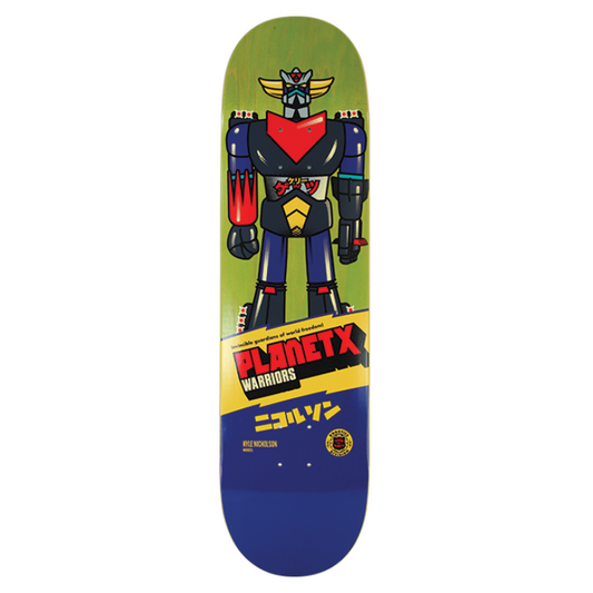 Skateboard deck with robot design and 'Planet X' branding on a white background