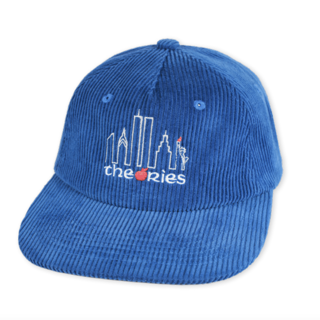 Blue corduroy cap with 'theories' logo on a white background