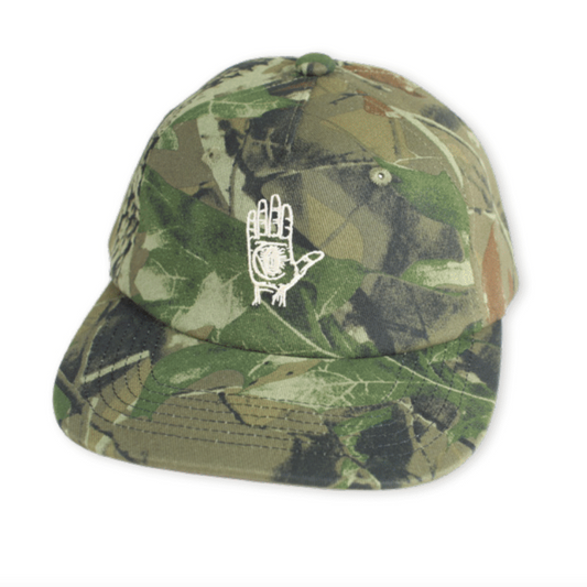Camouflage baseball cap with a logo on a white background