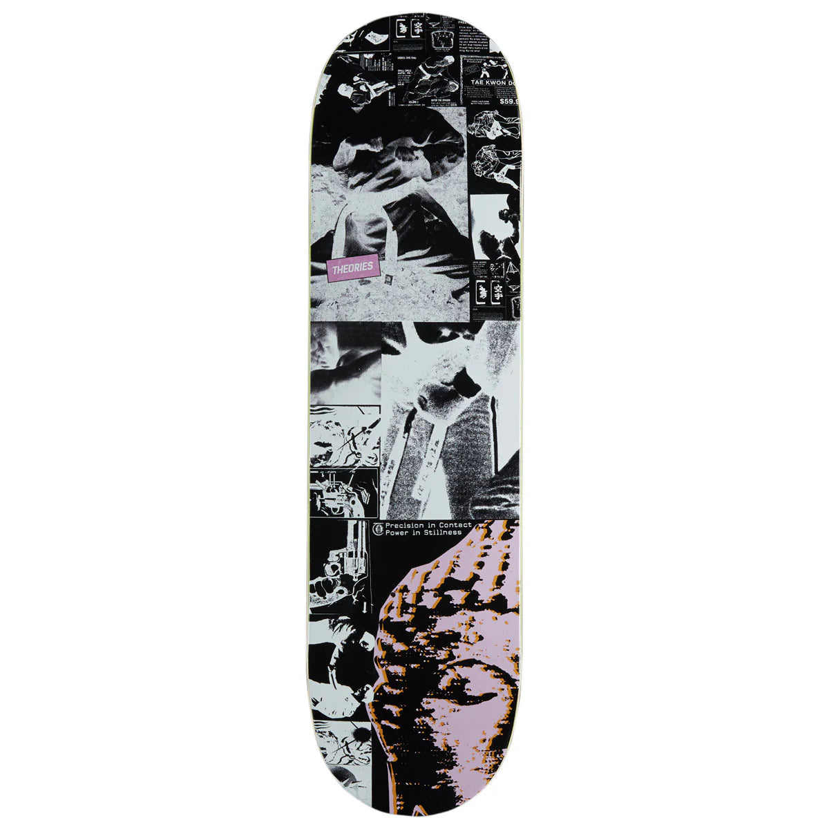 Skateboard deck with black and white graphic design on a white background
