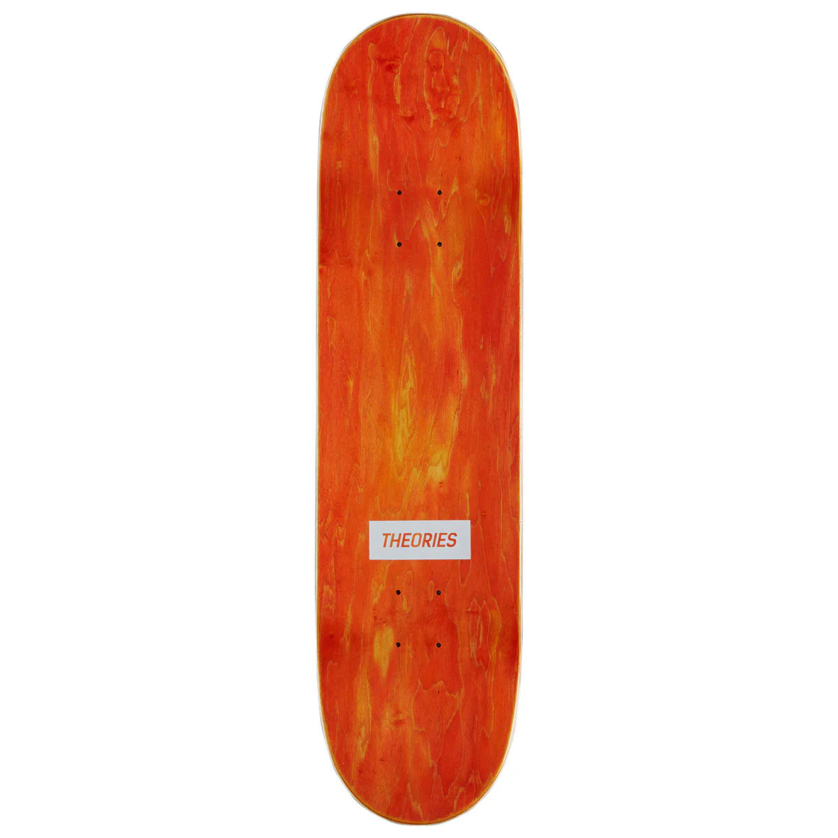 Orange skateboard deck with 'THEORIES' logo on a white background