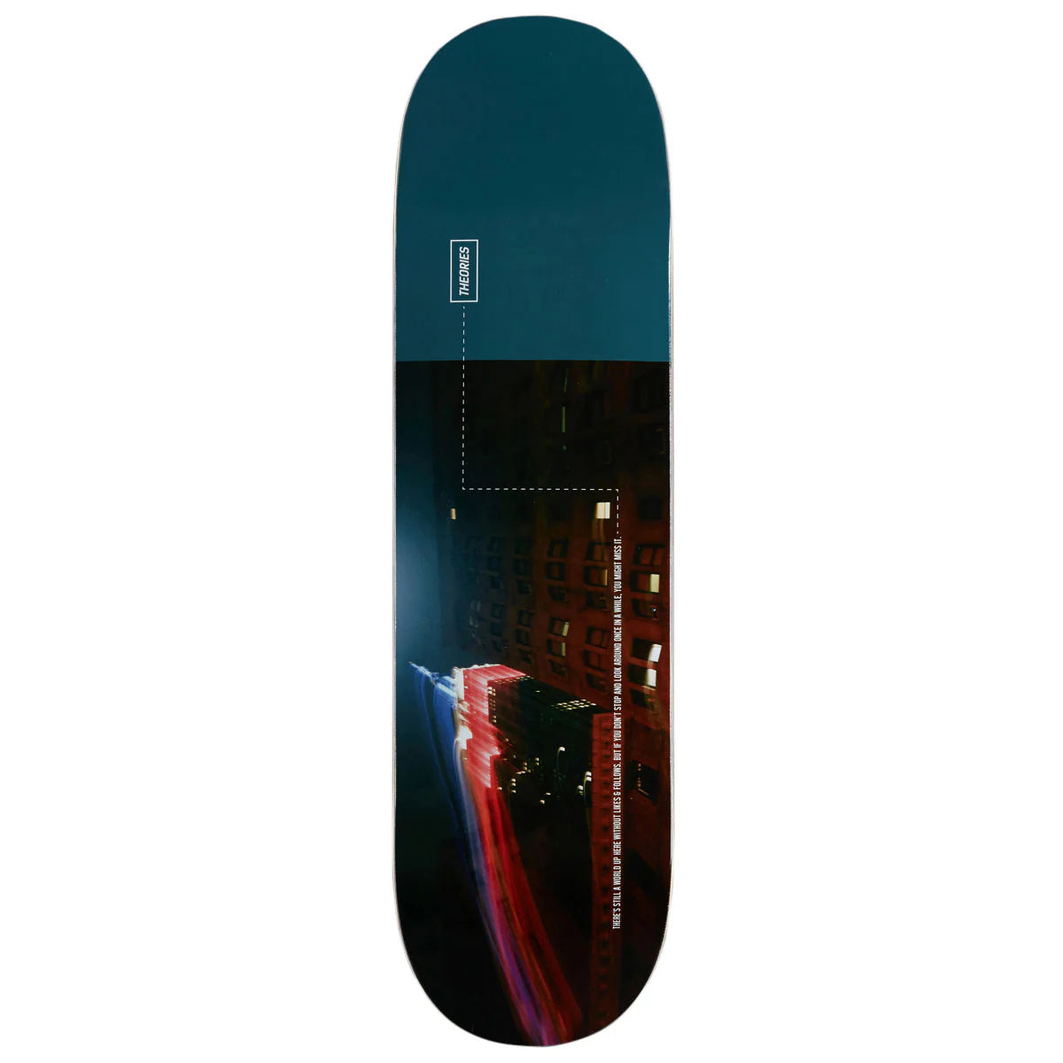 Skateboard deck with a cityscape design on a white background