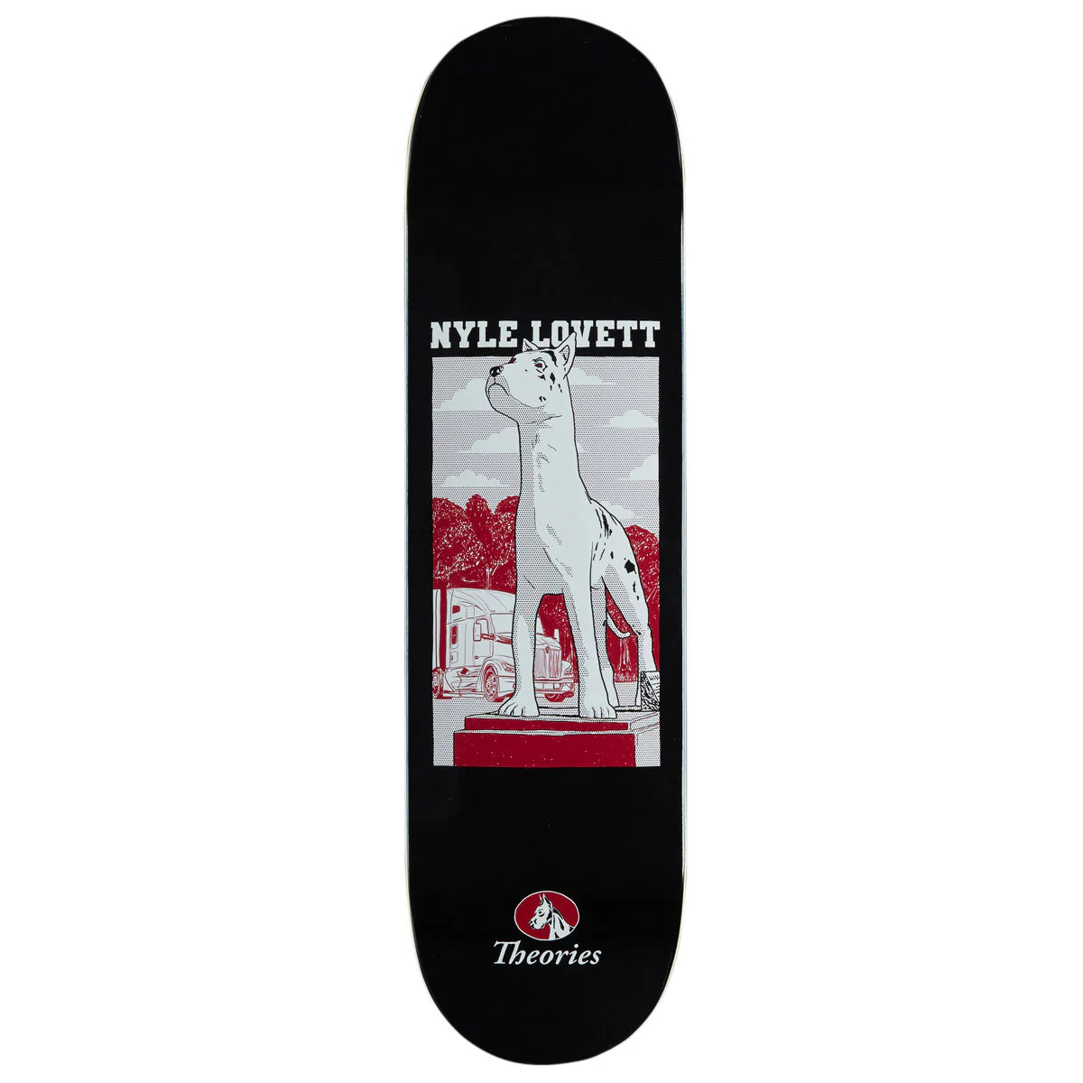 Skateboard deck with a graphic design featuring a dog and text on a black background
