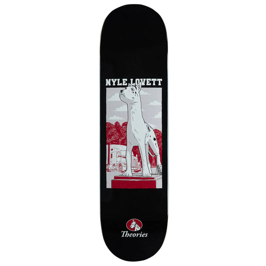 Skateboard deck with a graphic design featuring a dog and text on a black background
