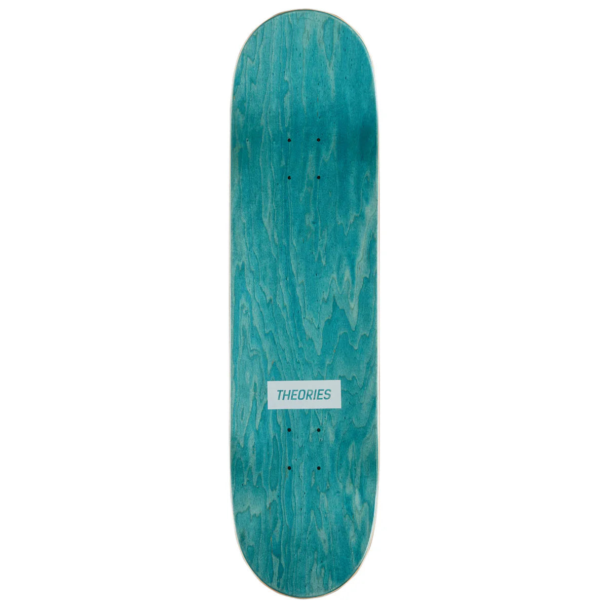 Teal skateboard deck with 'Theories' logo on a white background