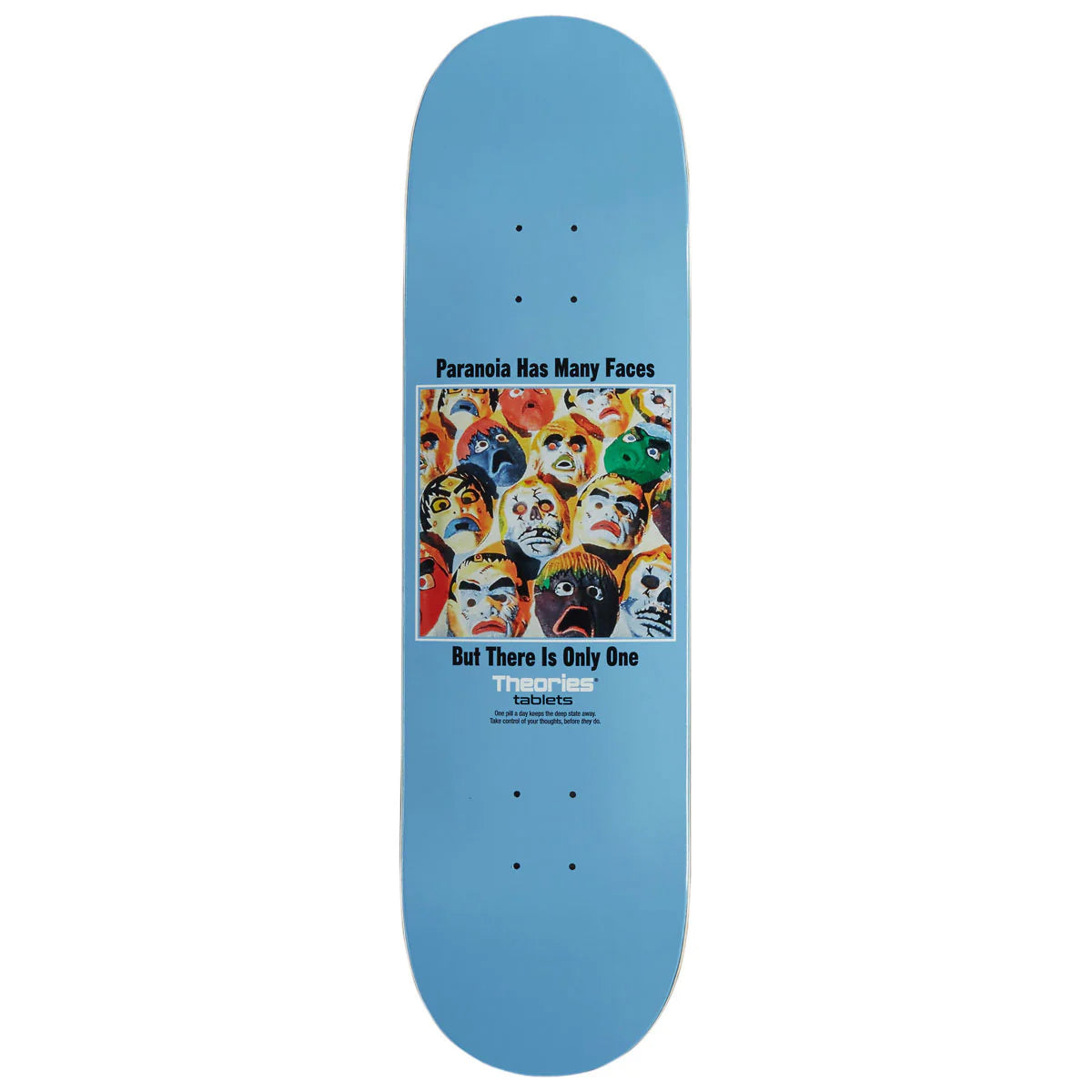 Blue skateboard deck with a colorful graphic and text on a white background
