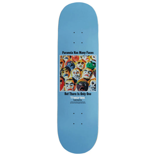 Blue skateboard deck with a colorful graphic and text on a white background