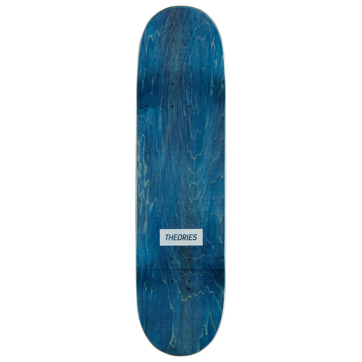 Blue skateboard deck with 'Theories' logo on a white background