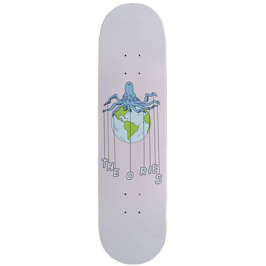 Skateboard deck with an octopus and globe design on a white background