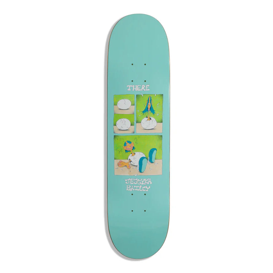 Teal skateboard deck with a printed design on a white background