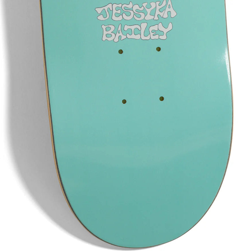 Teal skateboard deck with 'Jessika Bailey' branding on a white background