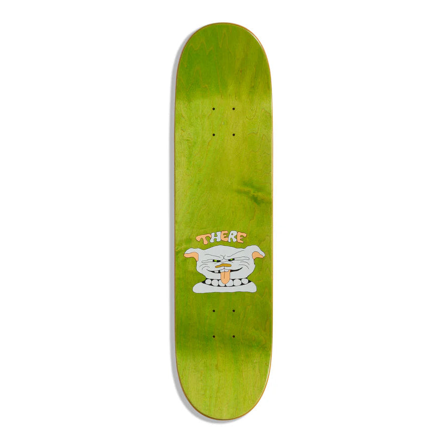 Green skateboard deck with a cartoon character and text on a white background