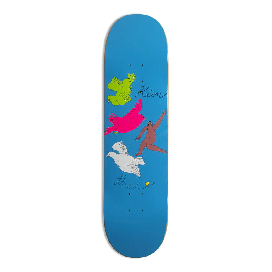 Skateboard deck with colorful graphics on a blue background