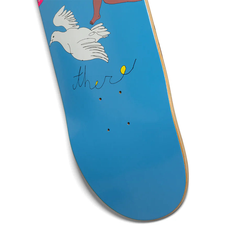 Blue skateboard deck with a white dove illustration on a white background