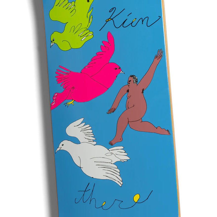 Skateboard with colorful illustrations of a woman, birds, and text on a blue background