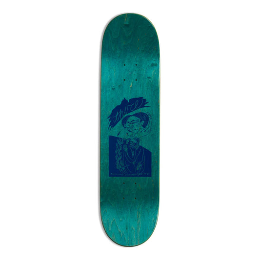 Teal skateboard deck with a blue graphic on a white background