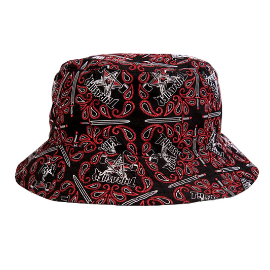 Bucket hat with red and black pattern on a white background