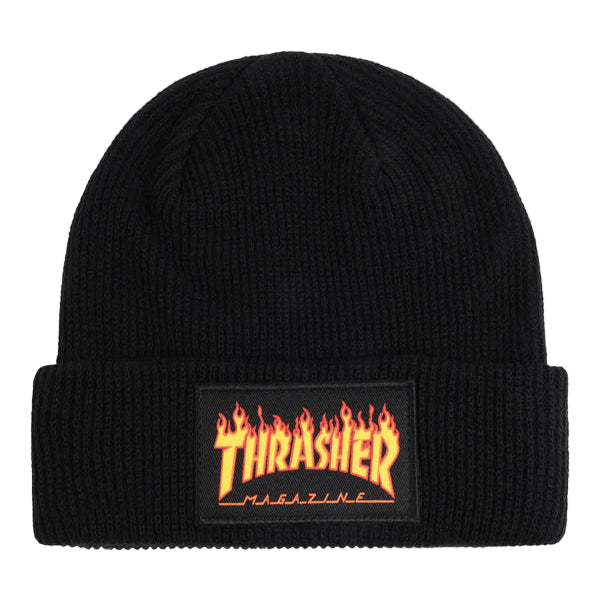 Black beanie with a flame logo on a light gray background