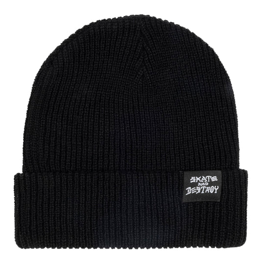 Black beanie with a label on a light gray background