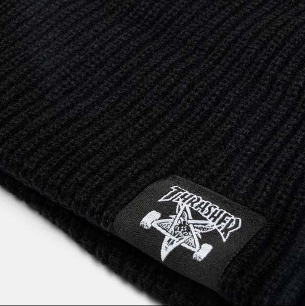 Black beanie with a brand logo on a white background